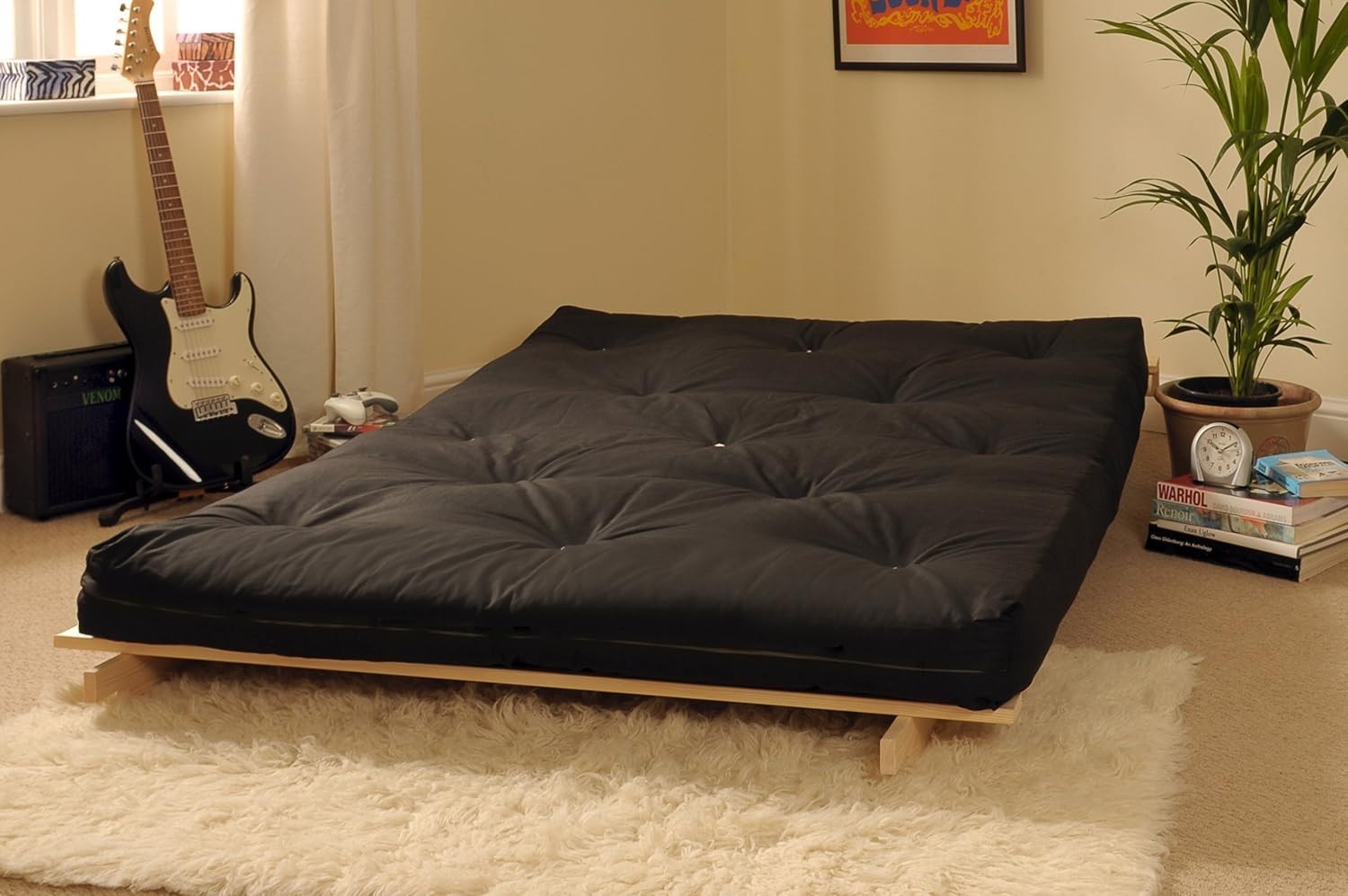 Black 4ft6 Double Futon Sofa Bed with Wooden Frame – Tufted Mattress