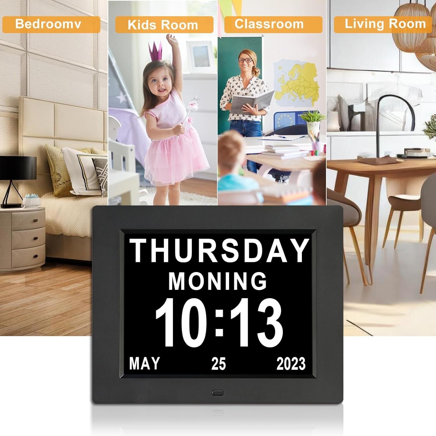 Digital Day Calendar Alarm Clock for Seniors Dementia Black Large Display