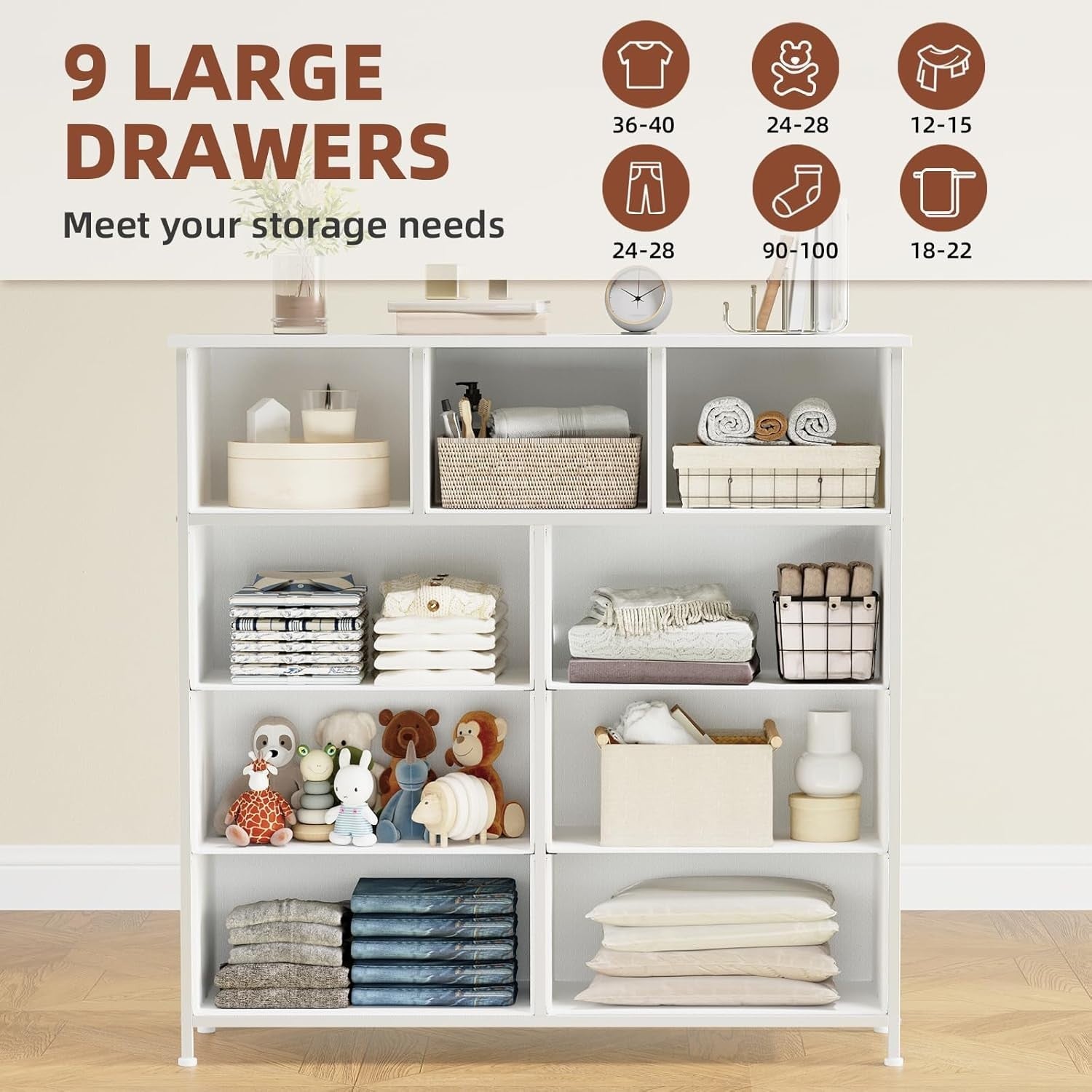 White 9 Drawer Tall Chest Fabric Dresser Storage Organizer for Bedroom
