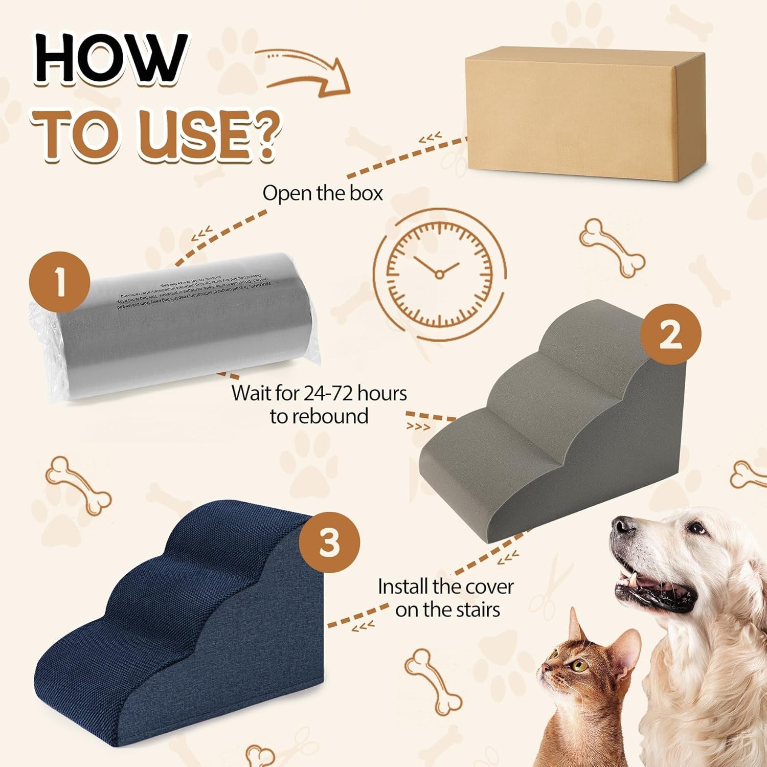 3 Step Dog Stairs Non Slip Pet Ramp for Bed Sofa Washable Navy