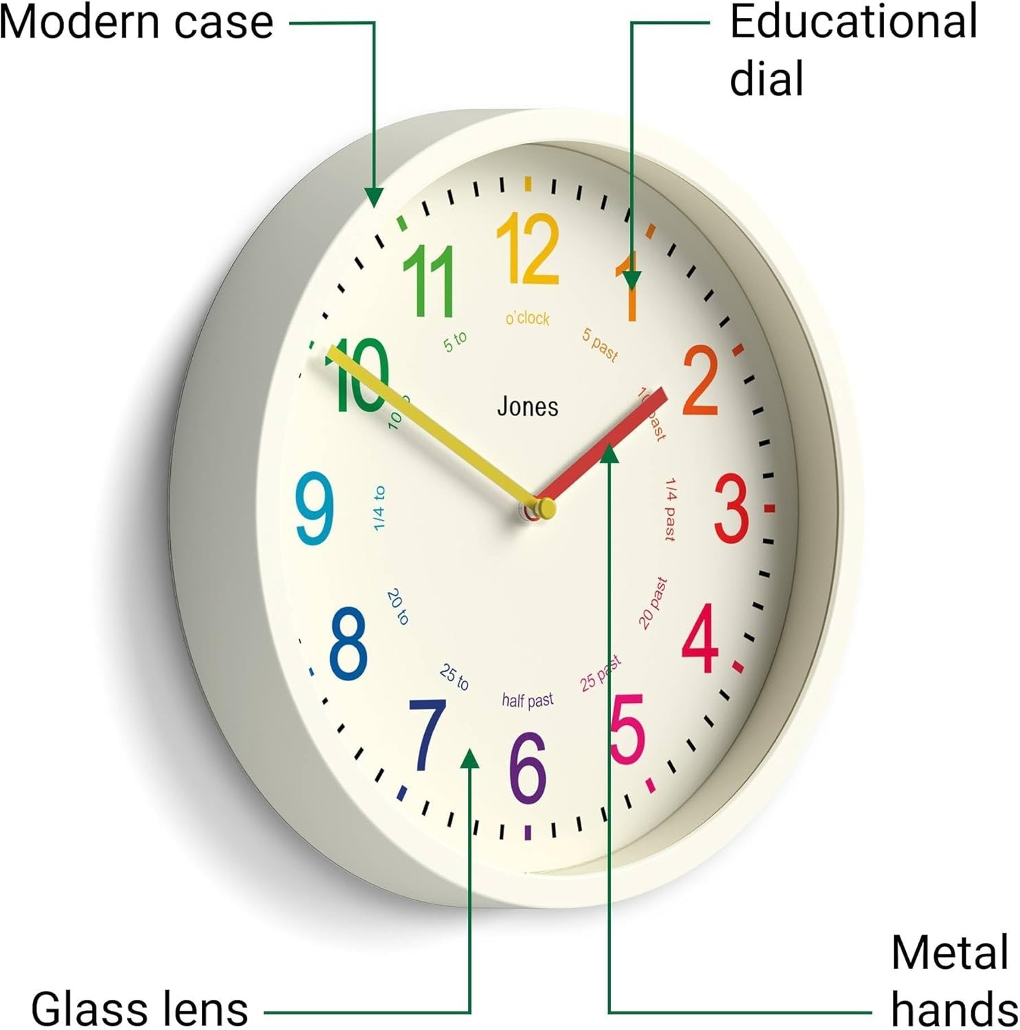 Kids Wall Clock 25cm Silent Quartz Cream Modern Colourful Number Nursery Clock
