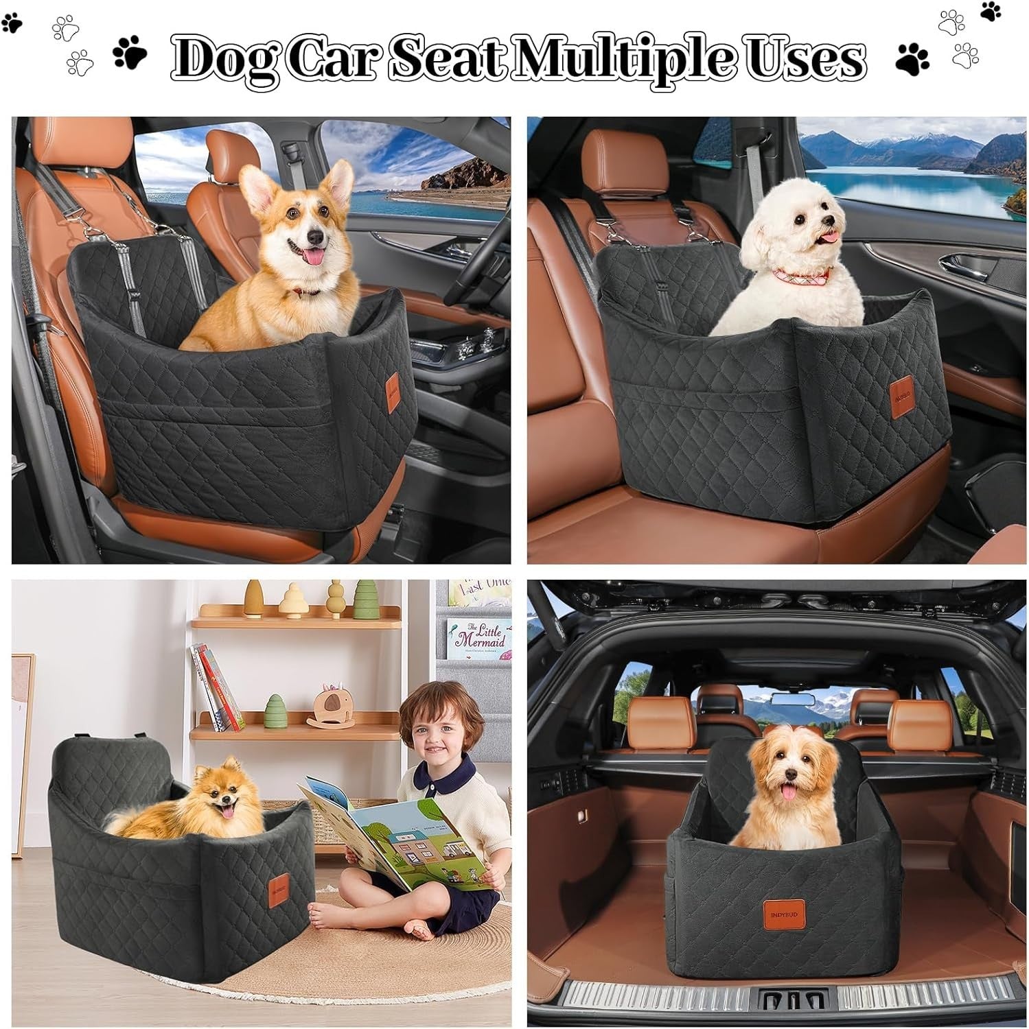 Memory Foam Dog Booster Car Seat Washable Pet Travel Bed 35lb Black