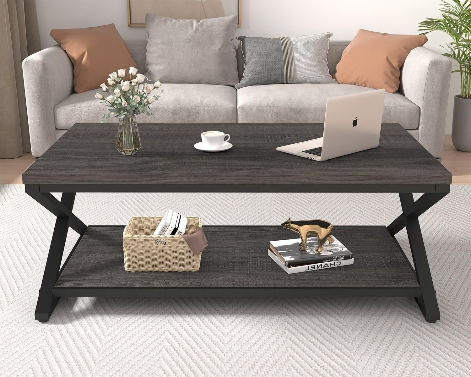 Industrial Grey Coffee Table with Storage Shelf – Modern 47" Metal Wood Design
