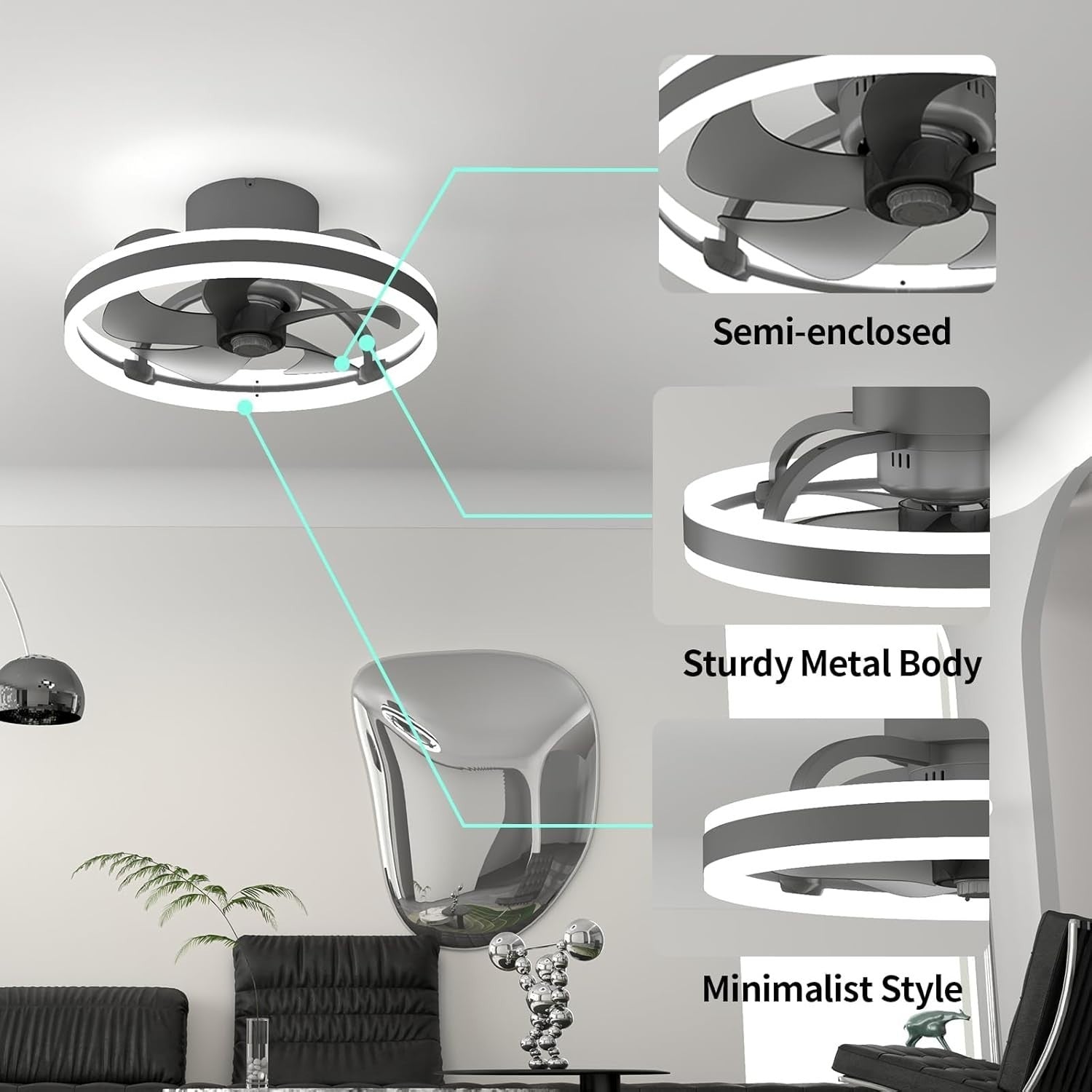 50cm Ceiling Fan with Light, Remote, 6 Speeds, Dimmable, Black