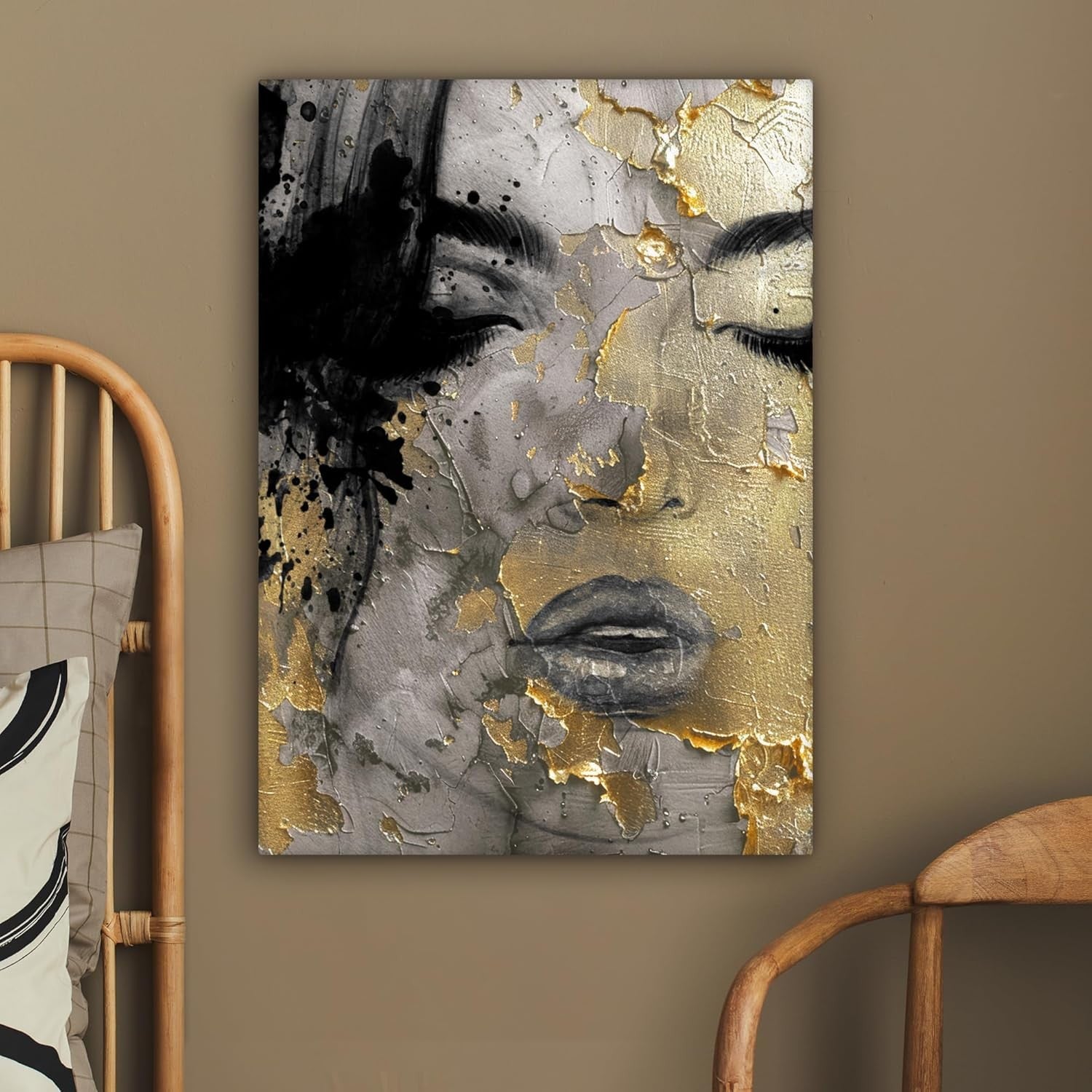 Abstract Woman Canvas Wall Art 60x80cm Framed Gold Black