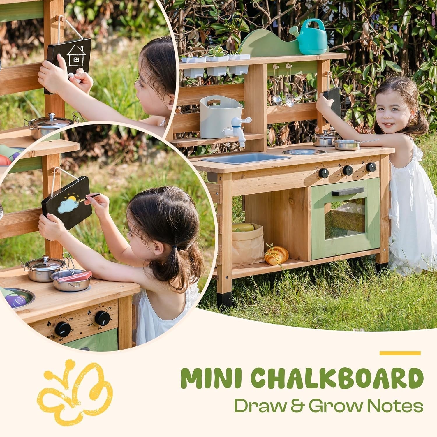 Large Outdoor Mud Kitchen Wooden Kids BBQ Playset Sink Chalkboard
