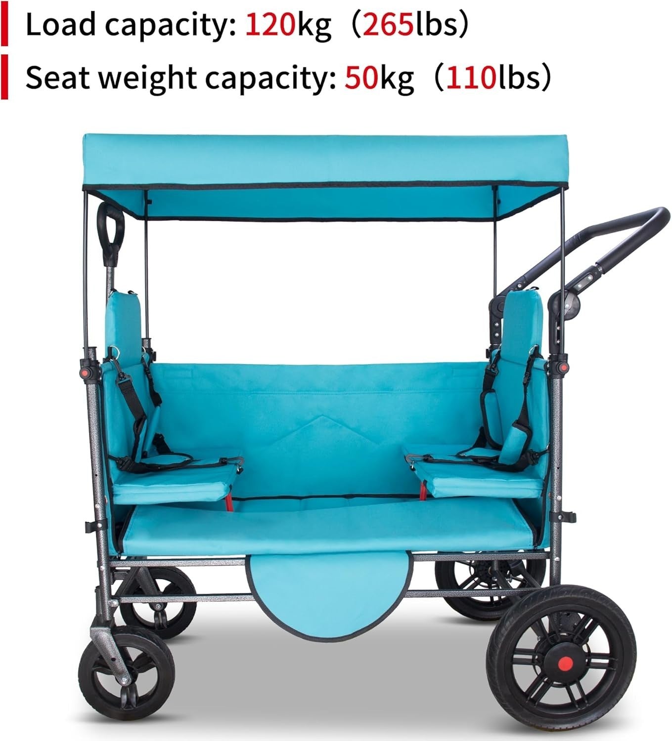 Side-Opening Folding Wagon 120kg Load w/ 2 Seats Canopy Big Wheels Brake
