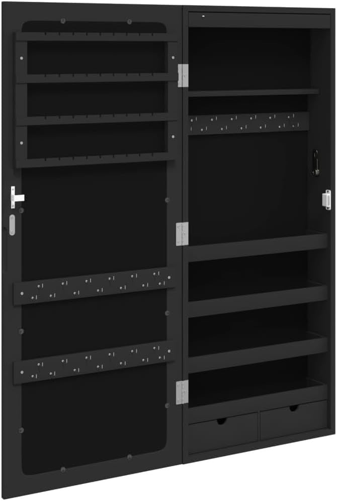 LED Wall Mounted Jewelry Cabinet Mirror Lockable Storage Organizer Black