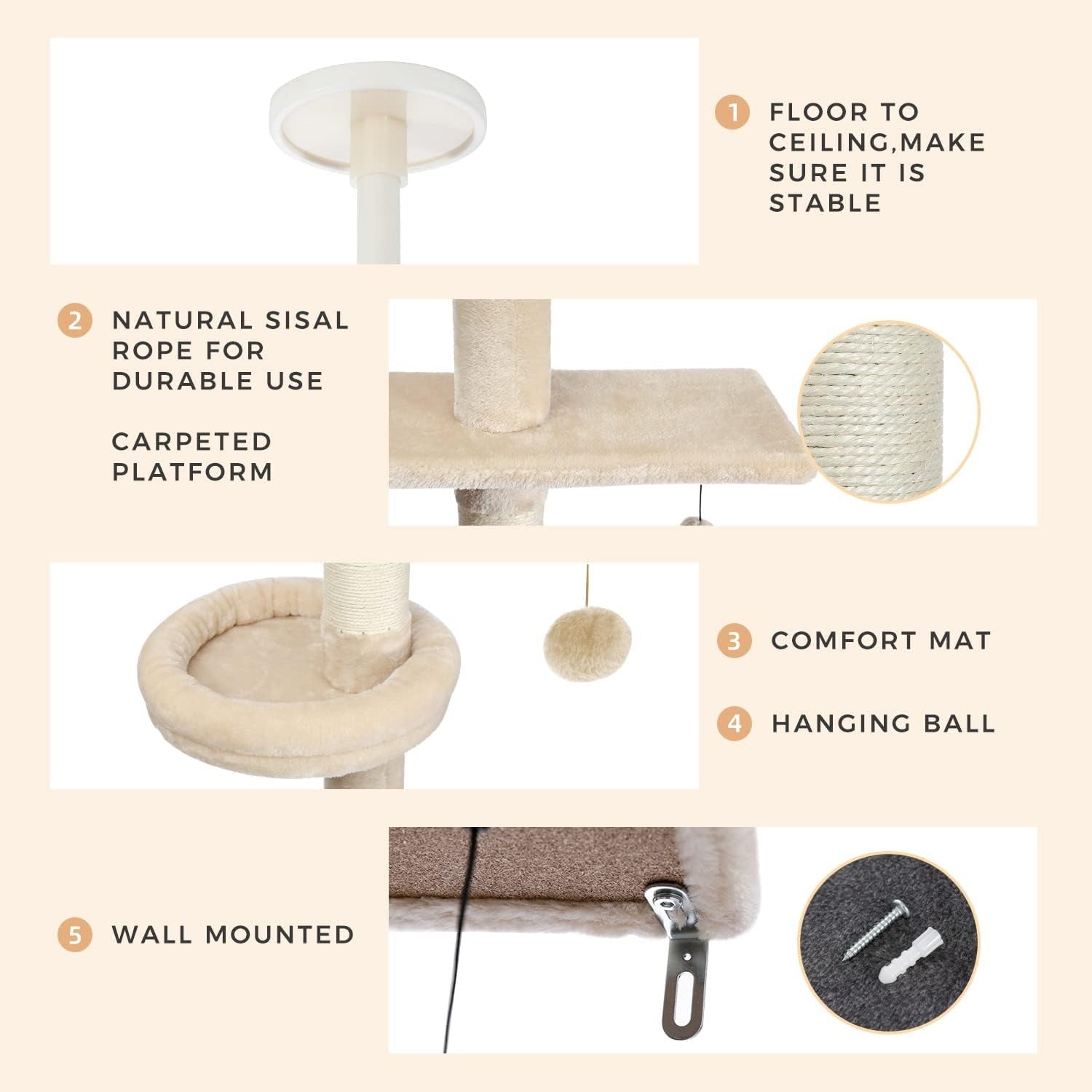 Floor to Ceiling Cat Tree Tower Adjustable 243–273cm 5 Tier Scratching Post