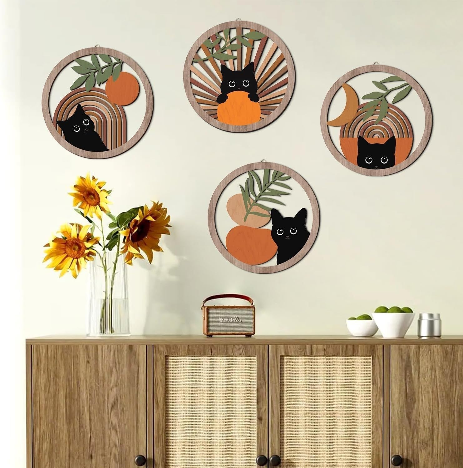 Boho Black Cat Wall Art 4pcs 10"x10" Farmhouse Hanging Decor