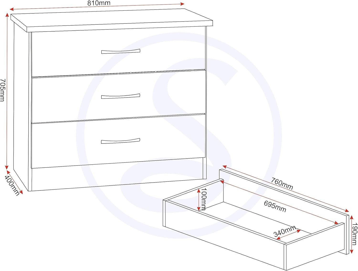 White Gloss 3 Drawer Chest Cabinet with Metal Handles for Bedroom Storage
