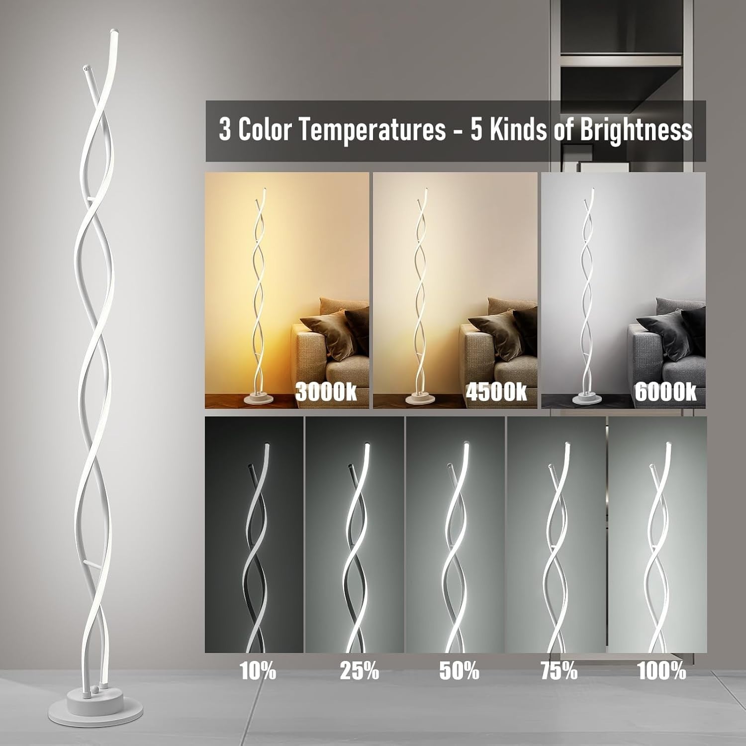 LED Floor Lamp 55” Tall, 3 Color Temps & 5 Brightness Levels, Remote Control