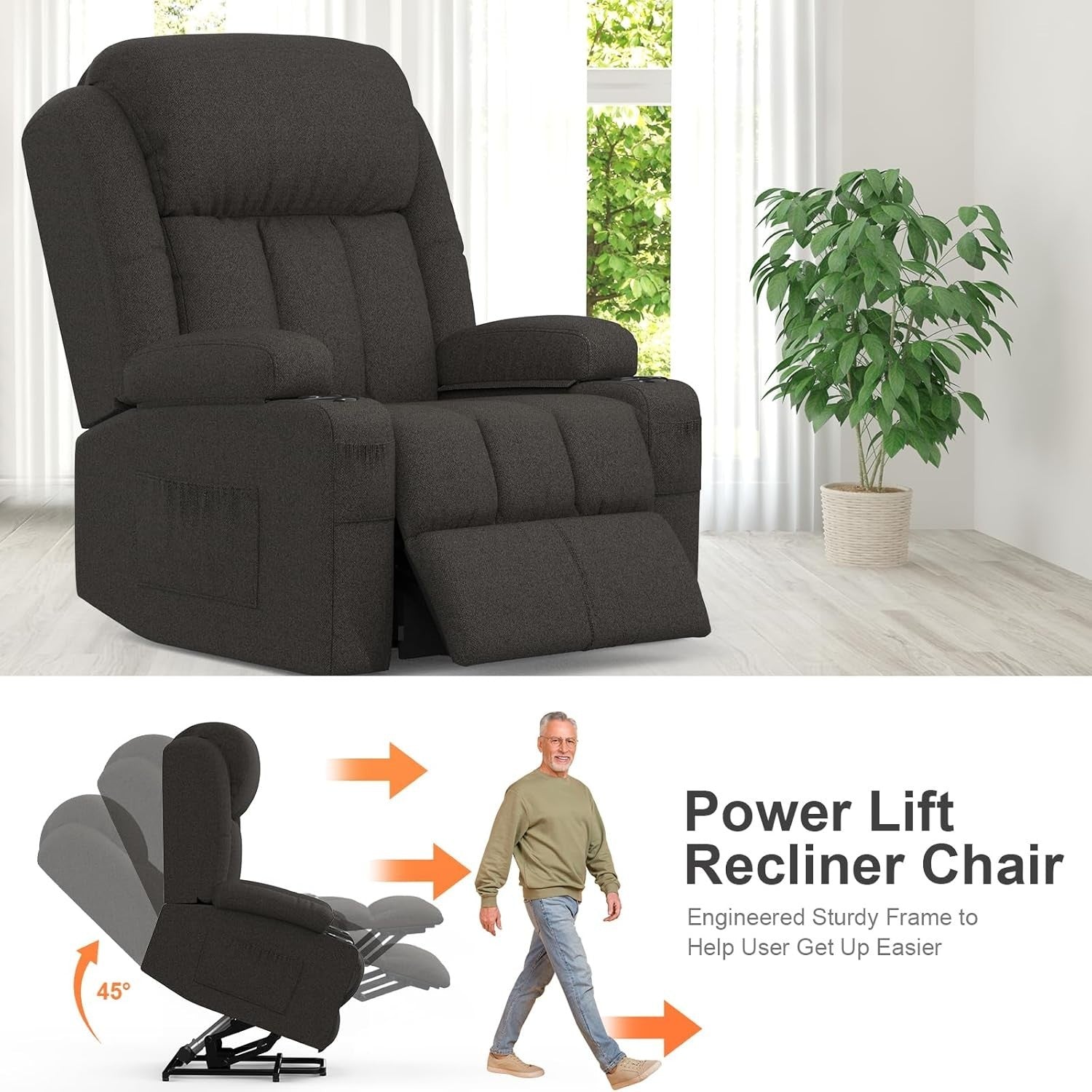Power Lift Recliner Chair Massage Heat USB Ports Cup Holders Fabric Dark Grey