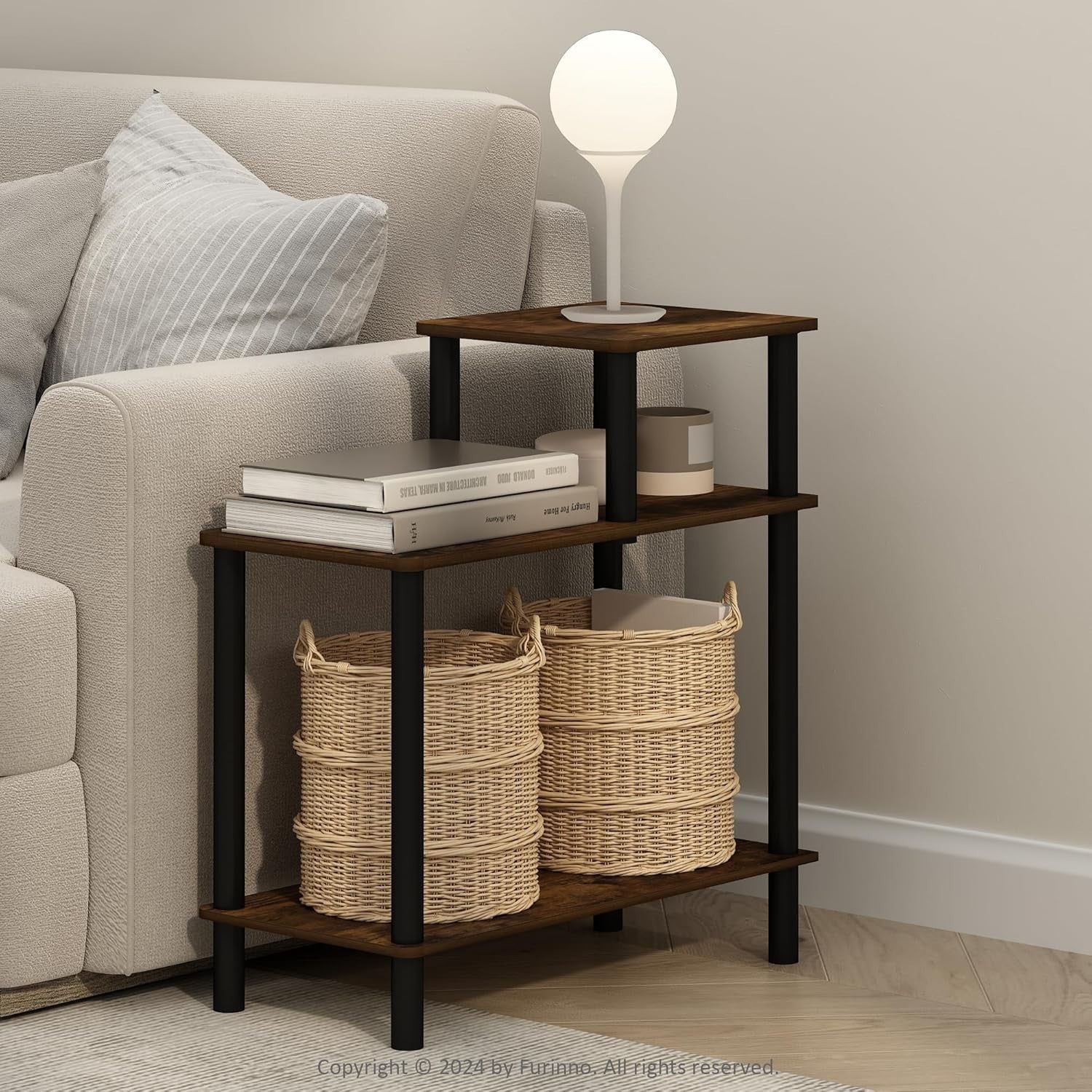 3-Tier Rectangular Side Table with Shelves – Amber Pine Slim End Table