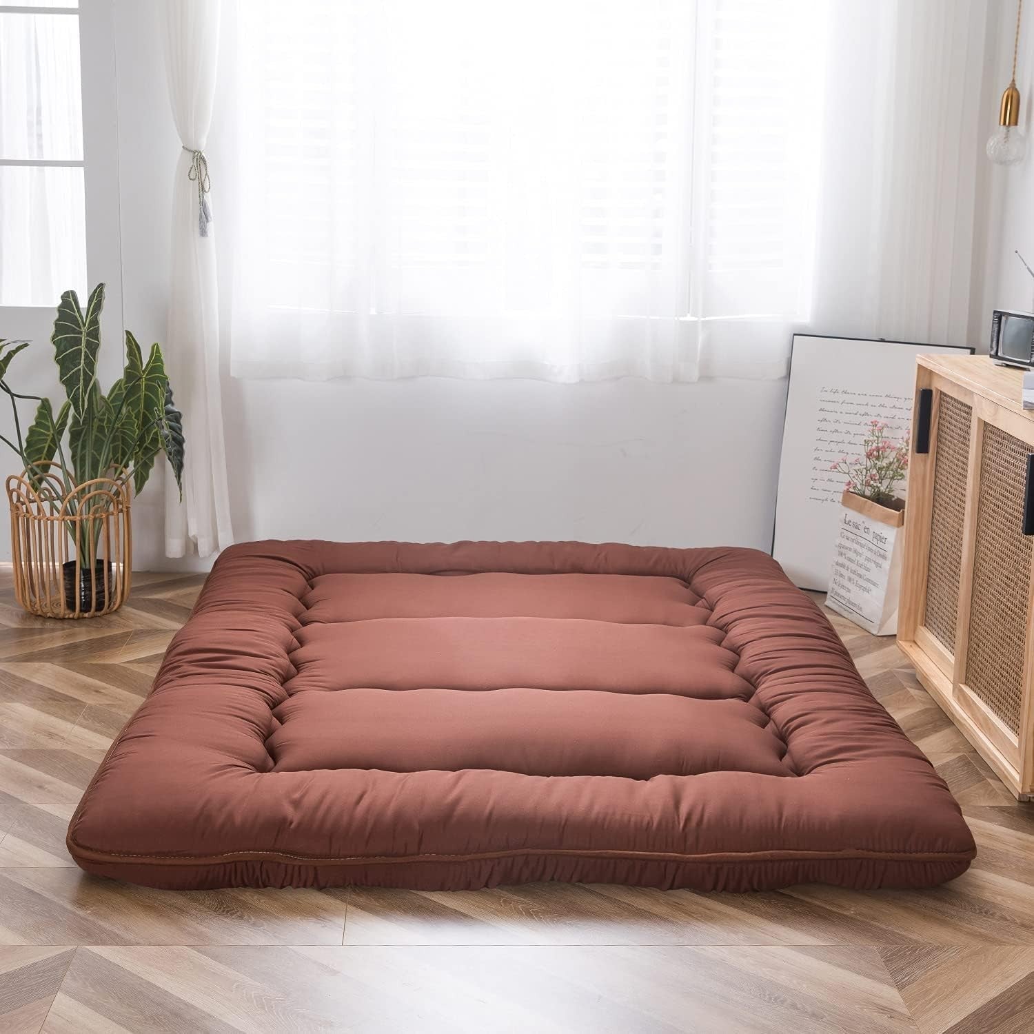 Coffee Foldable Futon Mattress | Thick Quilted Floor Sleeping Pad, Portable