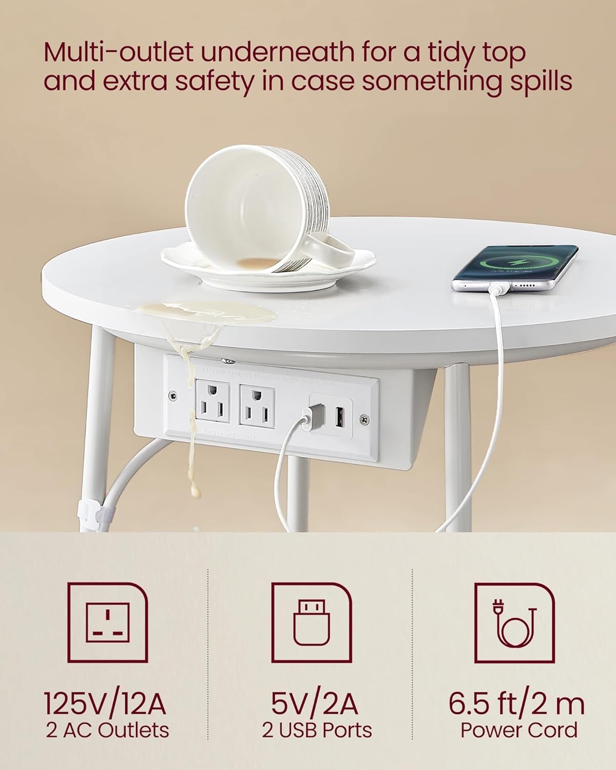 Round Side Table with USB Charging Ports, Storage Basket, Modern Bedside Stand