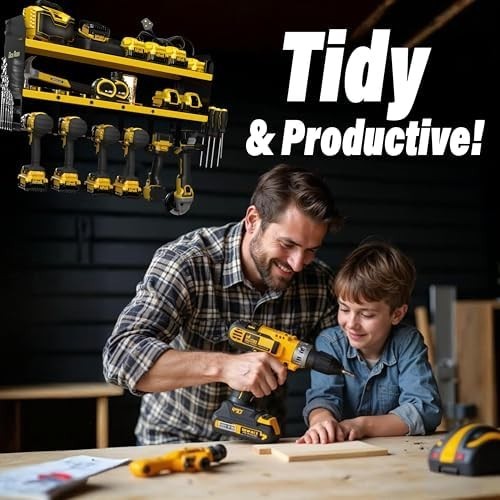 Heavy Duty Wall Mounted Tool Organizer Rack 6-Slot with Power Strip – Yellow