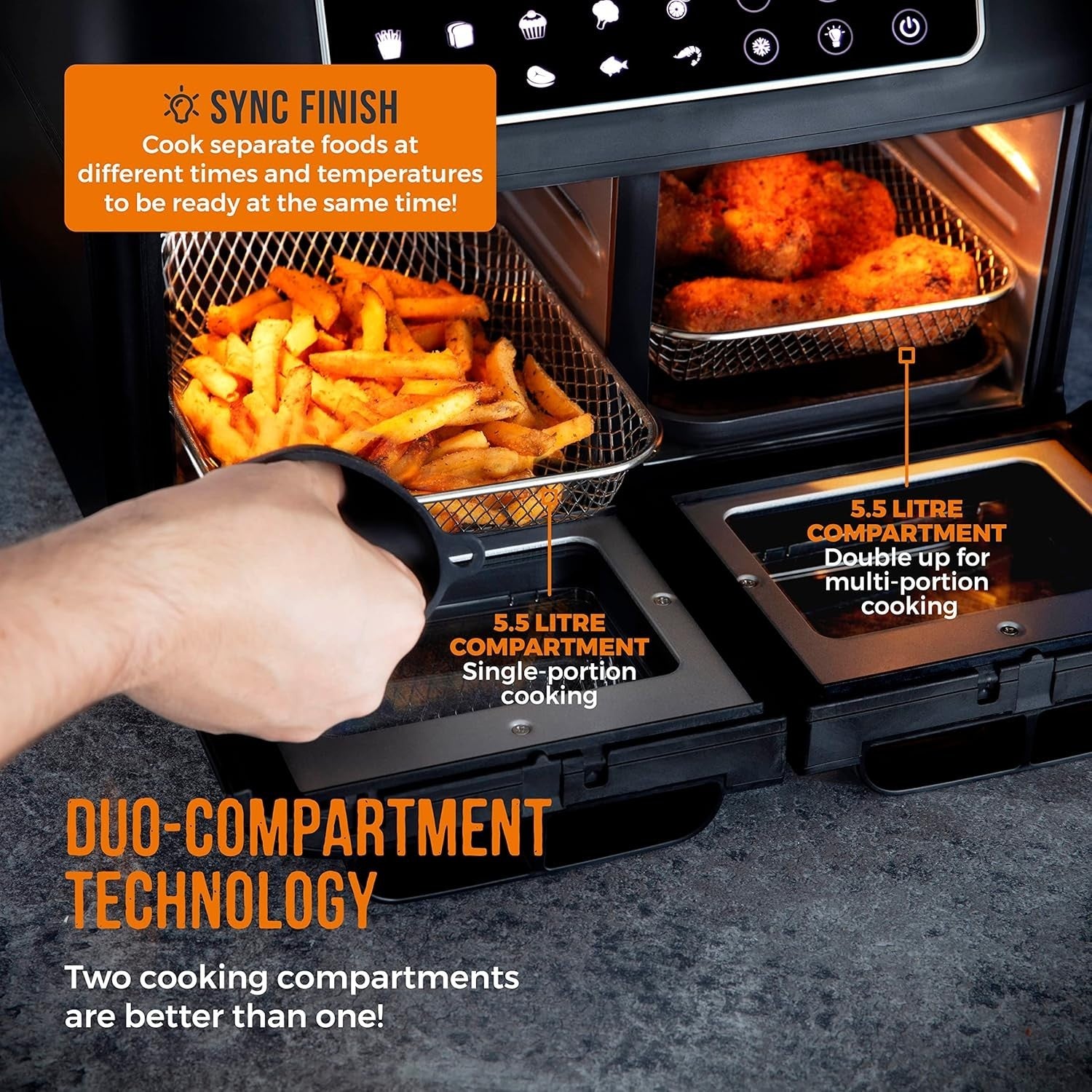11L Dual Compartment Air Fryer Oven Touchscreen 10 Presets Dehydrate Grill