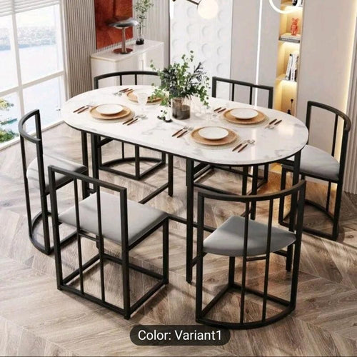 6 Seater Marble Dining Table Set – Modern Black Frame + Cushioned Chairs