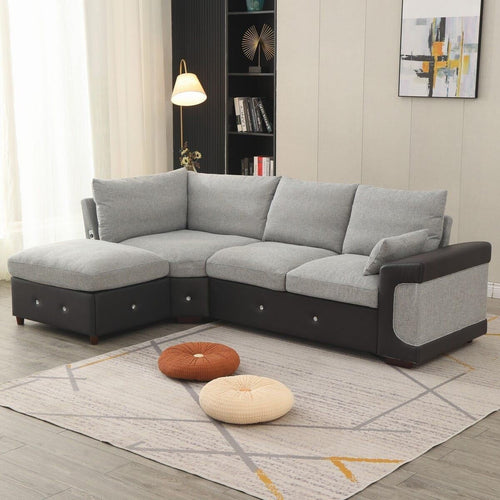 4 Seater Corner Sofa with USB Port & Chaise – Linen & Faux Leather