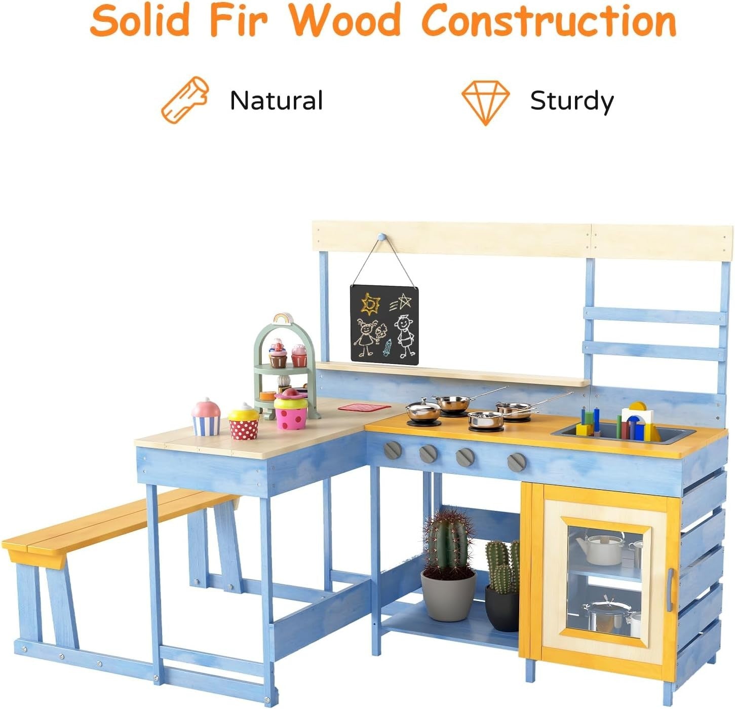 Kids Outdoor Mud Kitchen Wooden Playset Picnic Table Blackboard Toy