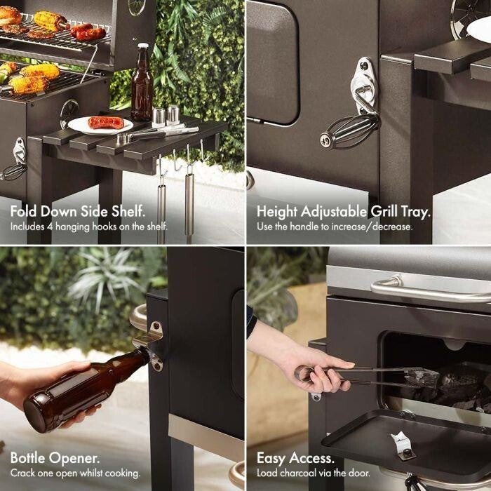 American Style Charcoal BBQ Grill w/ Temp Control, Shelves & Wheels