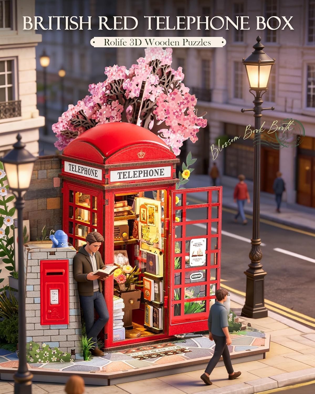 3D Wooden Telephone Box Book Nook Kit LED Miniature Library Decor