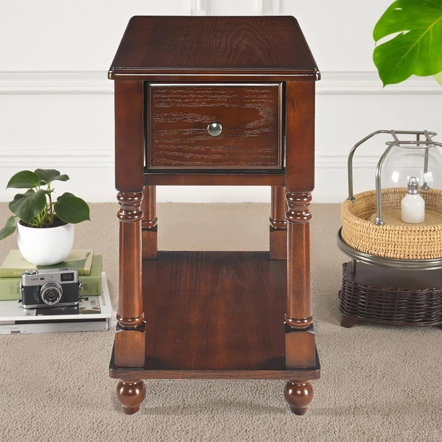 Pair of Solid Wood Walnut End Tables with Drawer & Shelf – Vintage Slim Tables
