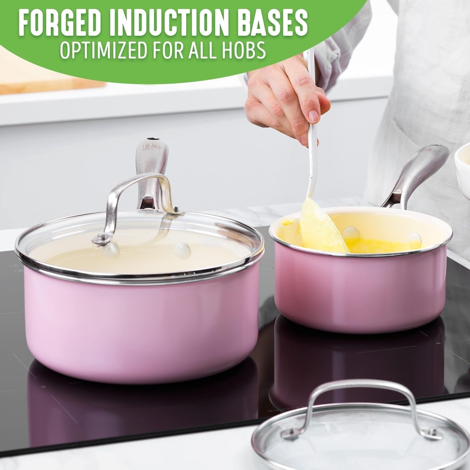 2Pcs Pink Ceramic Saucepan Set Non Stick 14cm 18cm With Lids Induction PFAS Free
