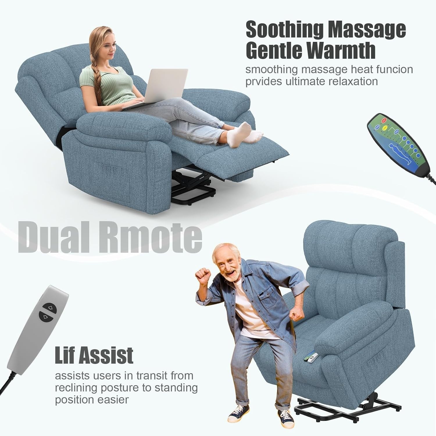 Power Lift Recliner Chair Oversized Massage Heat USB Type-C Footrest Blue