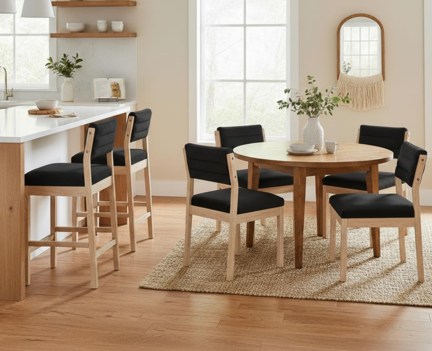 Modern Black Velvet Bar Stools Set of 2 – Wooden Leg Counter Chairs