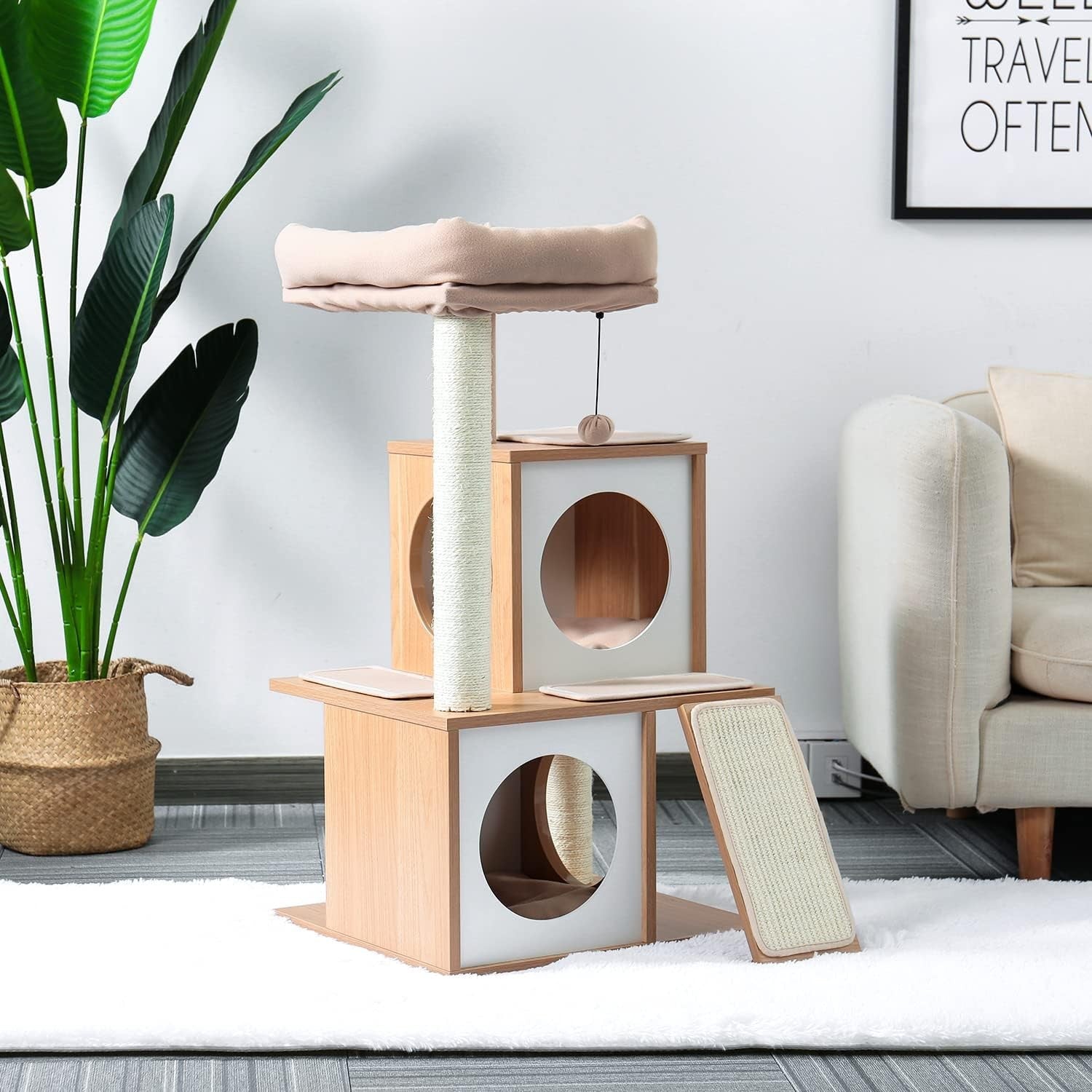 89cm Beige Wooden Cat Tree Tower Double Condo Sisal Scratching Posts