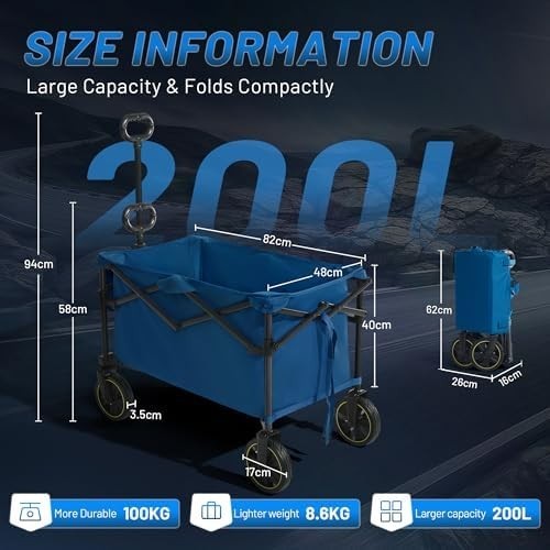 200L Folding Camping Trolley Wagon Heavy Duty All-Terrain Wheels