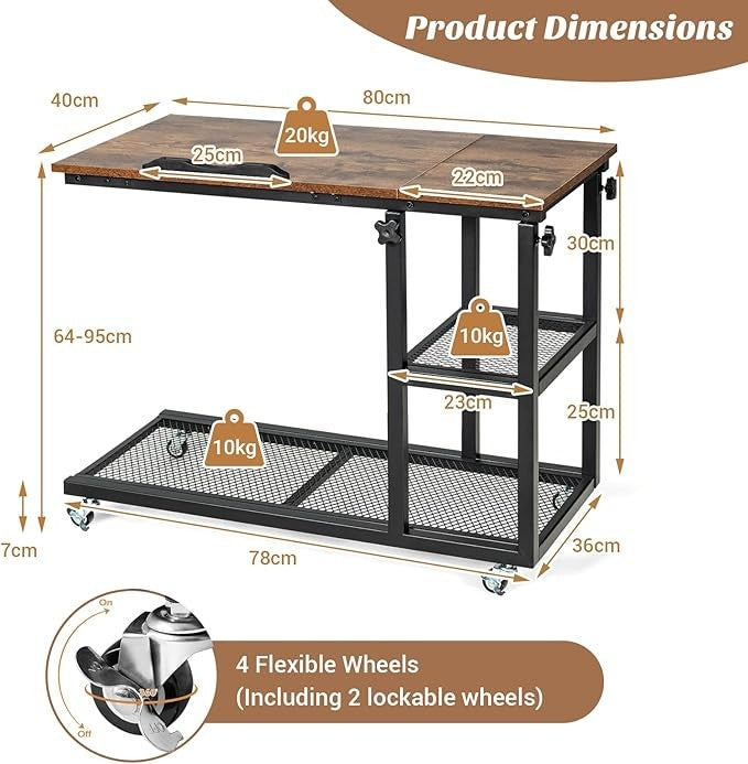 Rolling Sofa End Table Adjustable Laptop Desk Wheels Storage Rustic