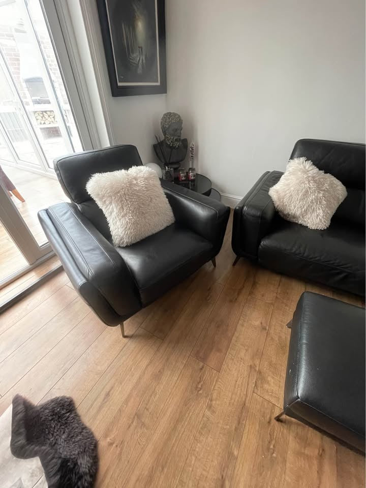 Drak Brown Leather Corner Sofa + Matching Armchair + Footstool (PTP)