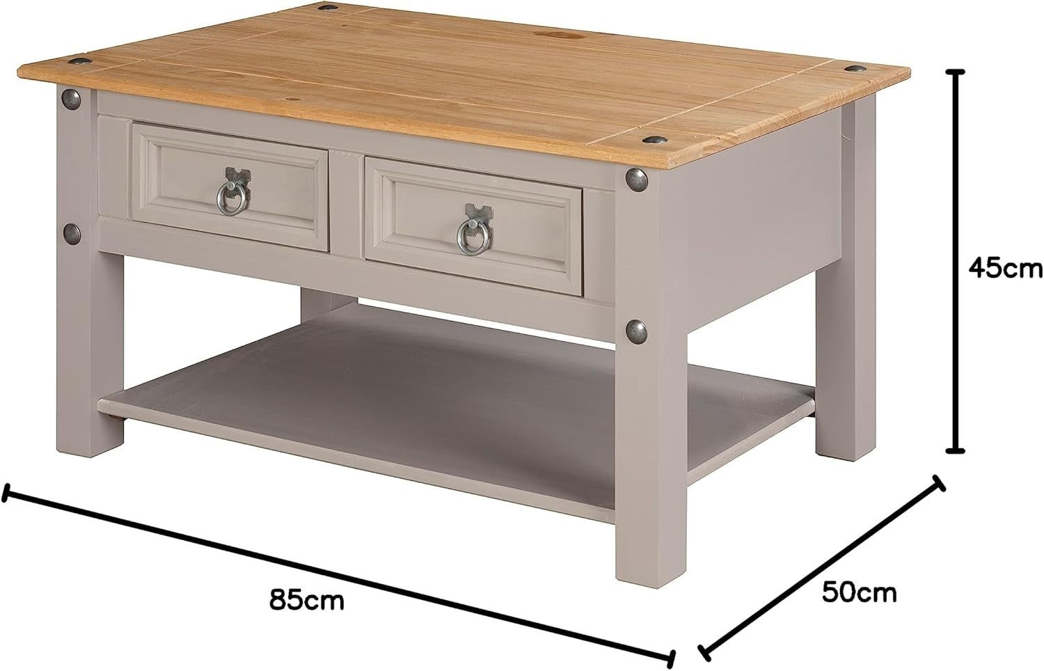 Grey 2-Drawer Coffee Table, Solid Pine Mexican Style 85x50cm