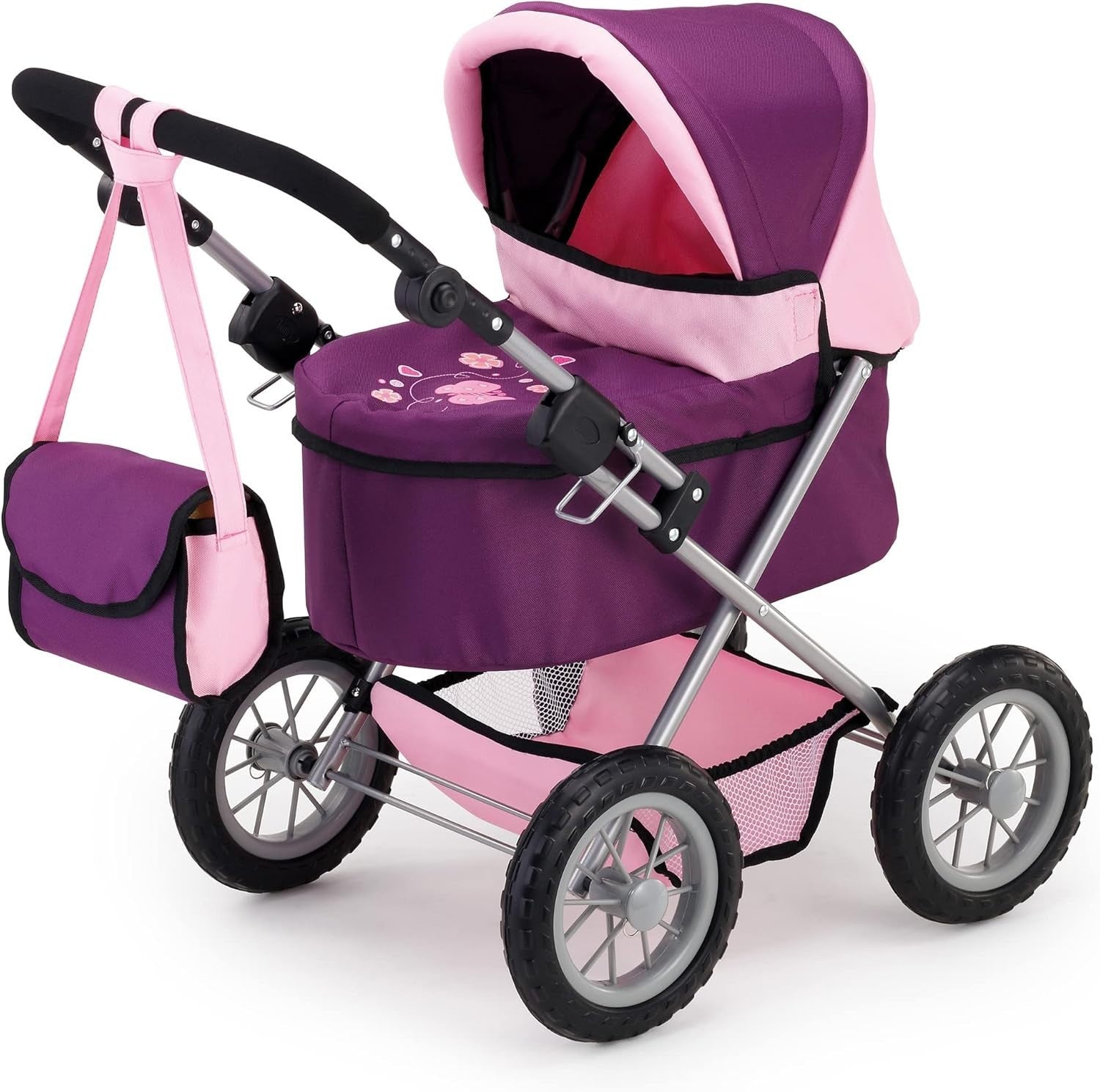 Doll Pram Stroller Foldable Height Adjustable Handle Basket Bag Purple