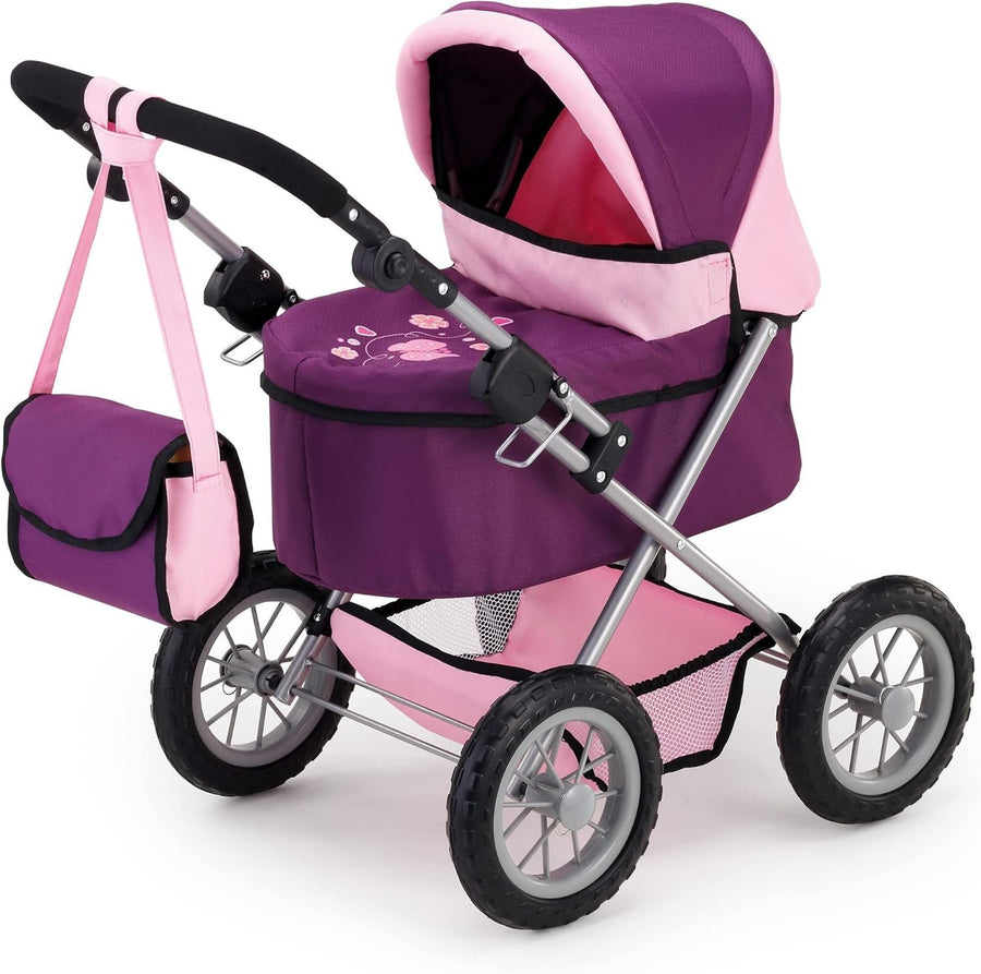 Doll Pram Stroller Foldable Height Adjustable Handle Basket Bag Purple