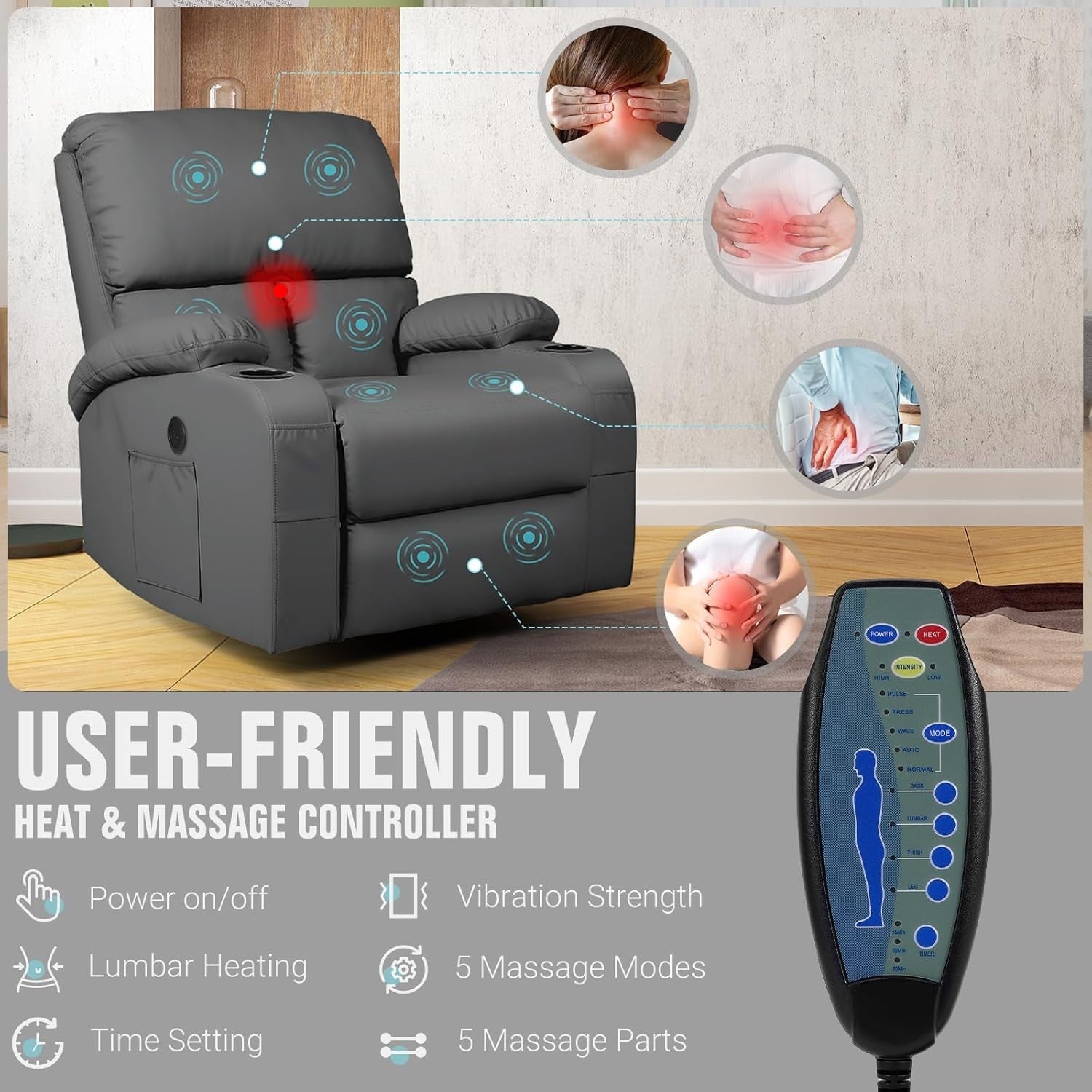 Swivel Rocker Recliner Massage Heat USB Type-C Faux Leather Dark Grey