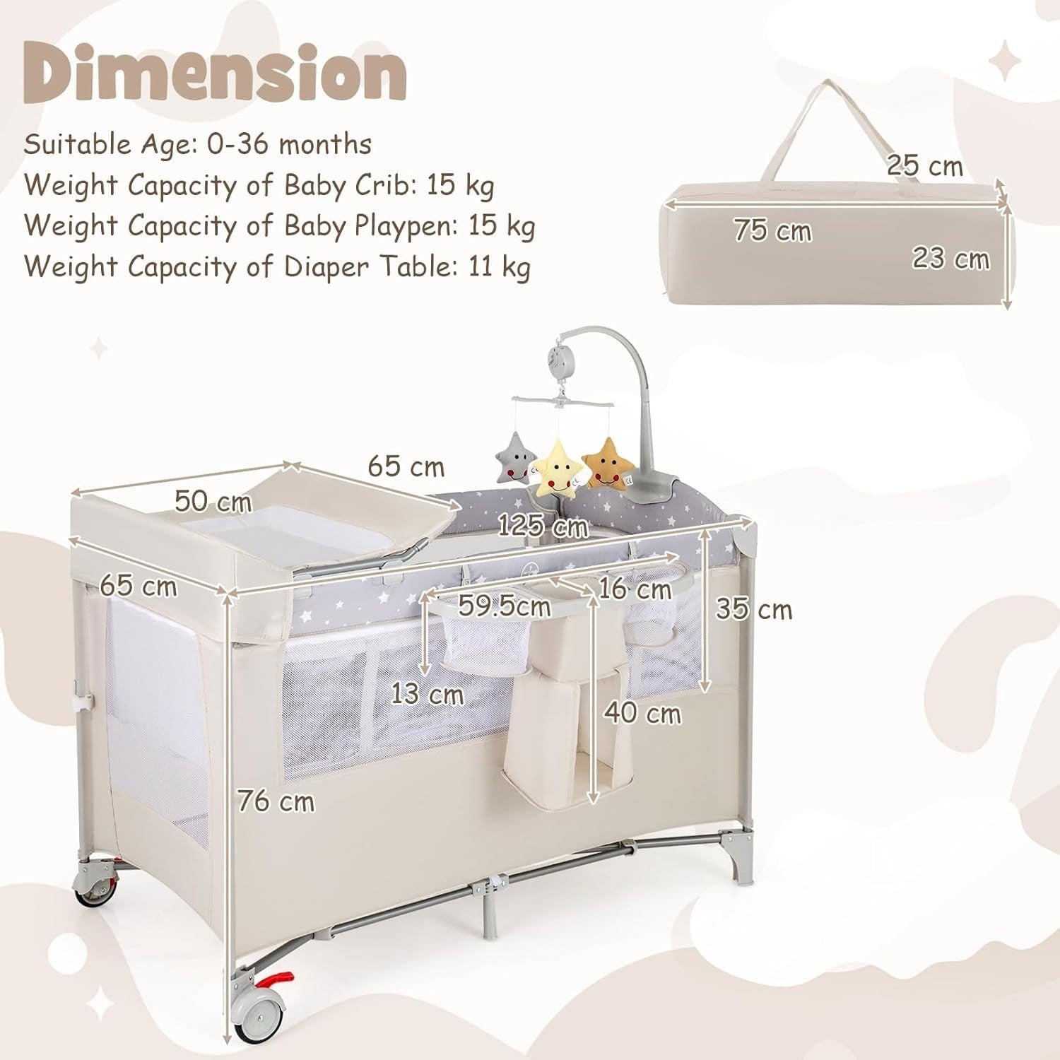 5in1 Baby Travel Cot Bedside Crib Bassinet w/ Mattress Changer Music Toys Beige