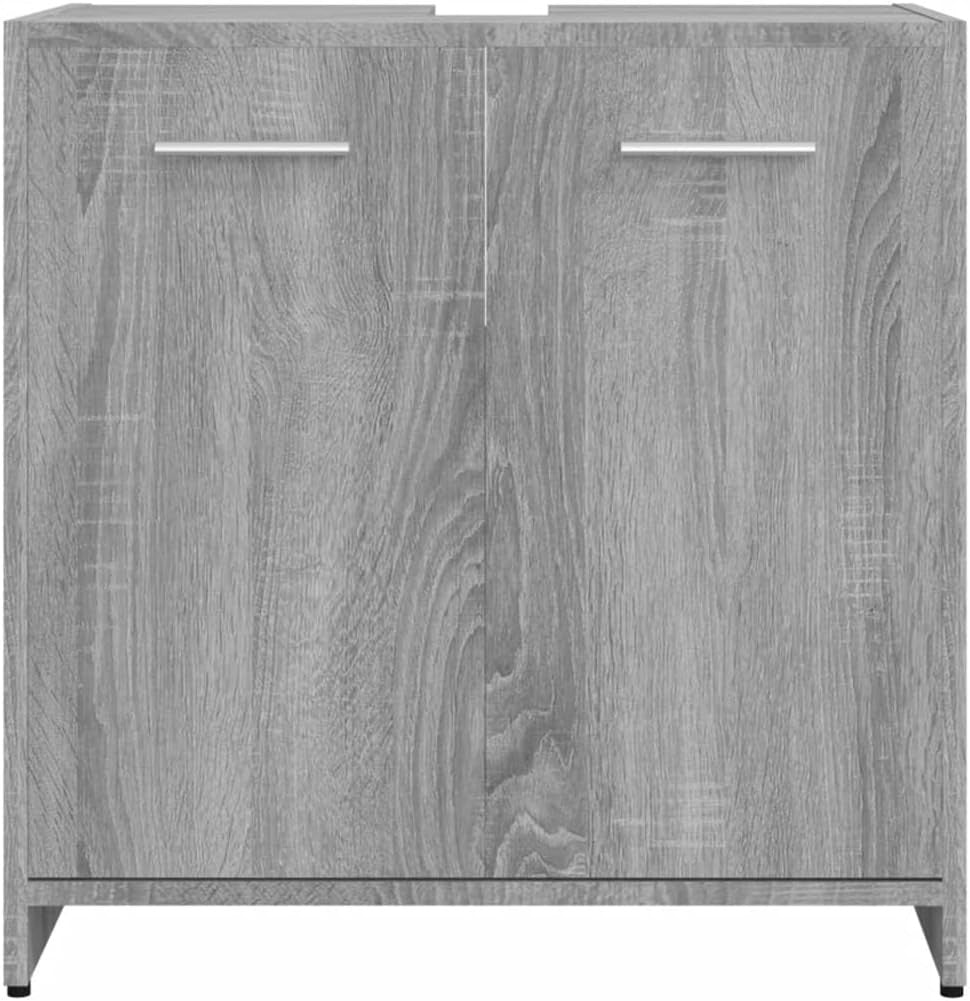 Grey Oak Under Sink Bathroom Cabinet – 2 Door Storage Unit 60cm Floor Standing