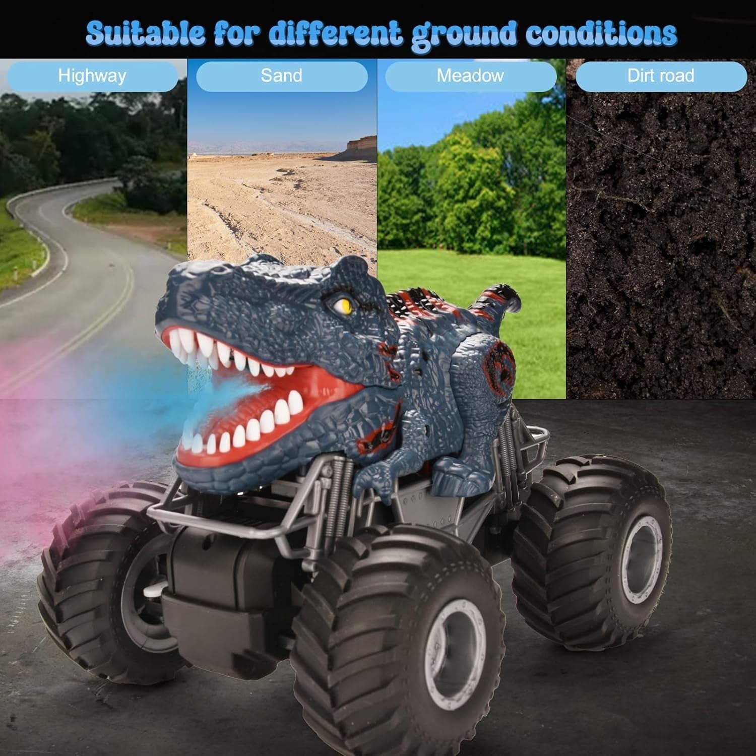 1:16 RC Dinosaur Monster Truck with LED Lights, Music & Spray Mist Toy