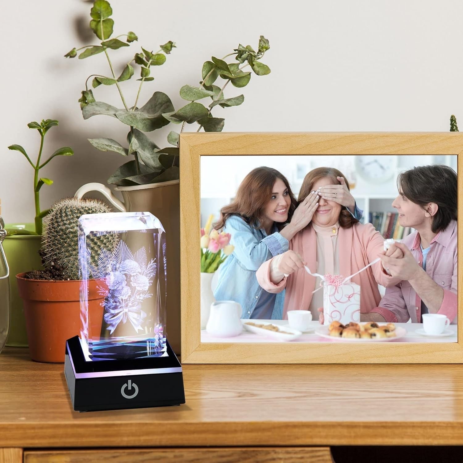3D Crystal Carnation LED Light Cube Ornament Gift for Mum Wife Birthday Keepsake