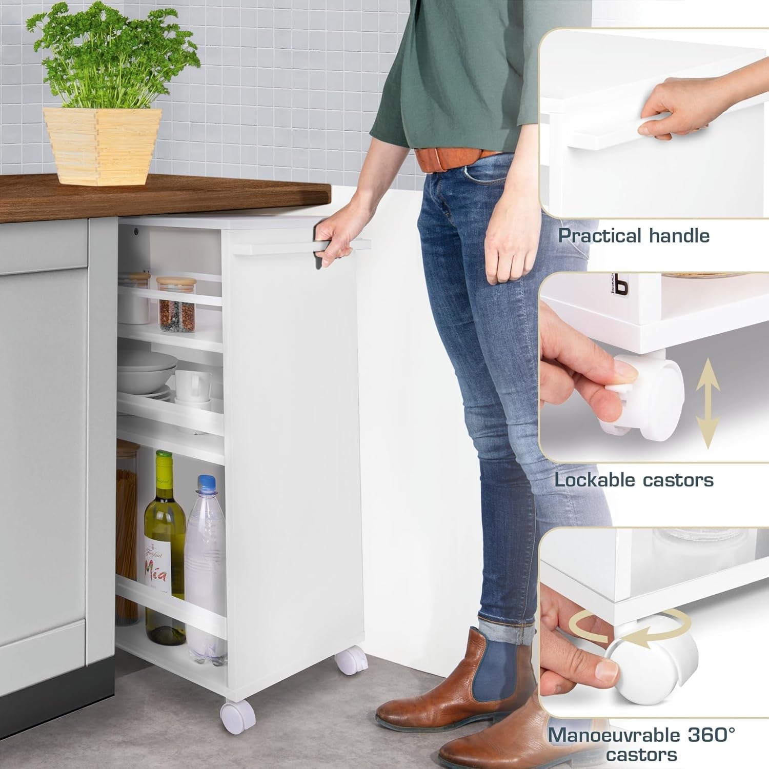 Kitchen Cart Trolley on Wheels 3 Tier Adjustable Shelves Wooden Worktop White