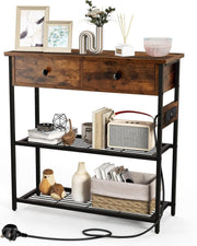 Rustic Console Table with Charging Station, Drawers & Metal Storage Shelves
