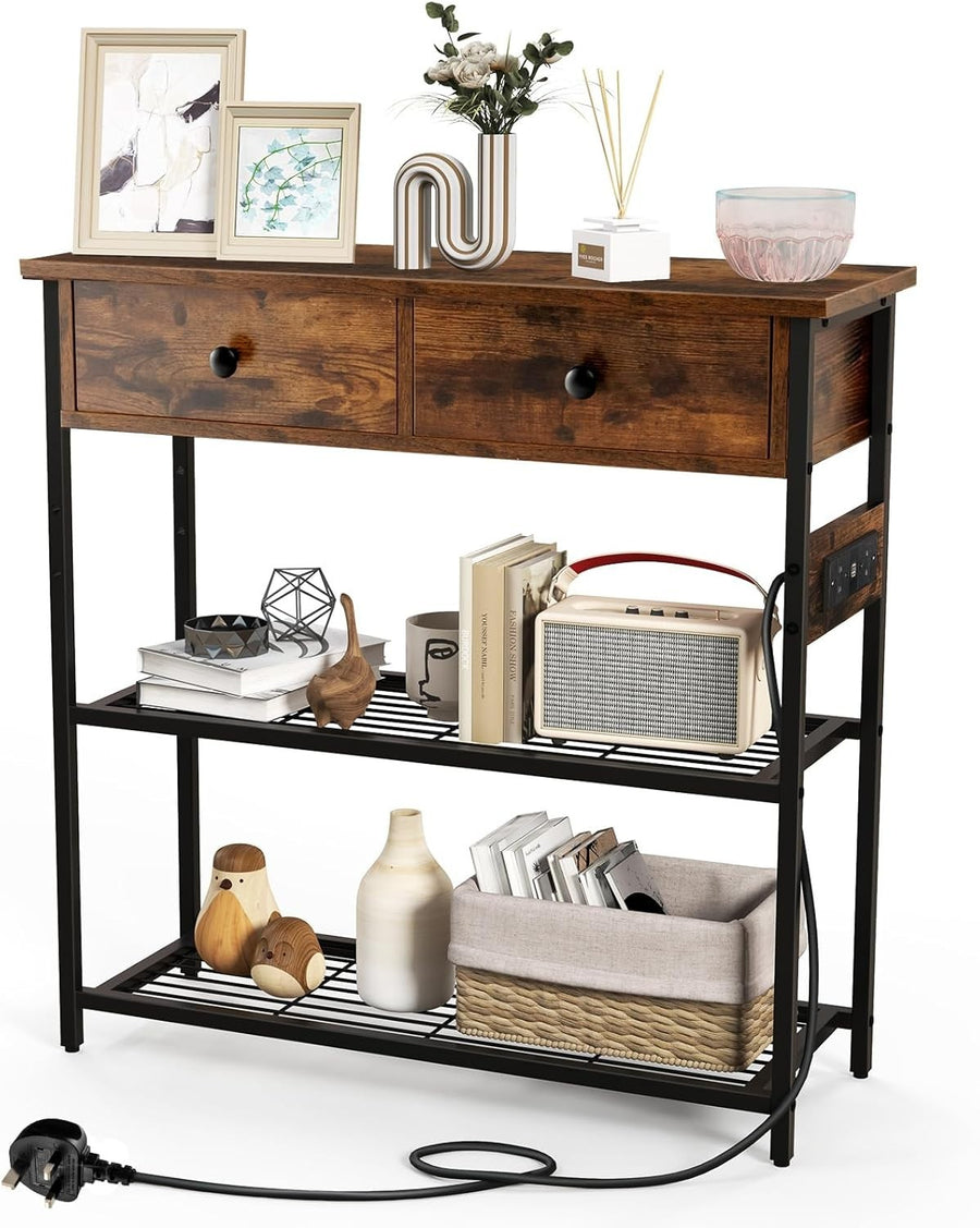 Rustic Console Table with Charging Station, Drawers & Metal Storage Shelves
