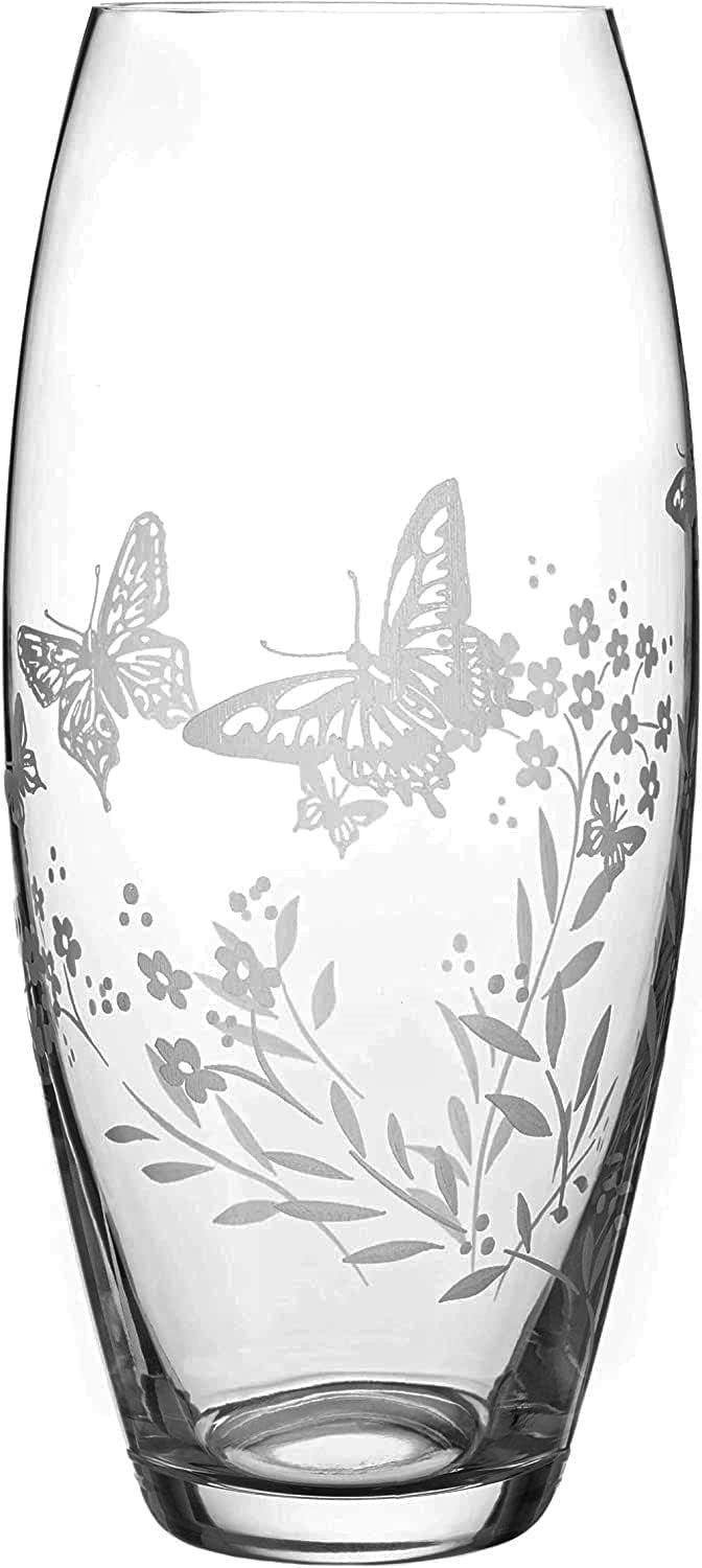 Crystal Glass Flower Vase 30cm Tall Etched Butterfly Floral Home Décor