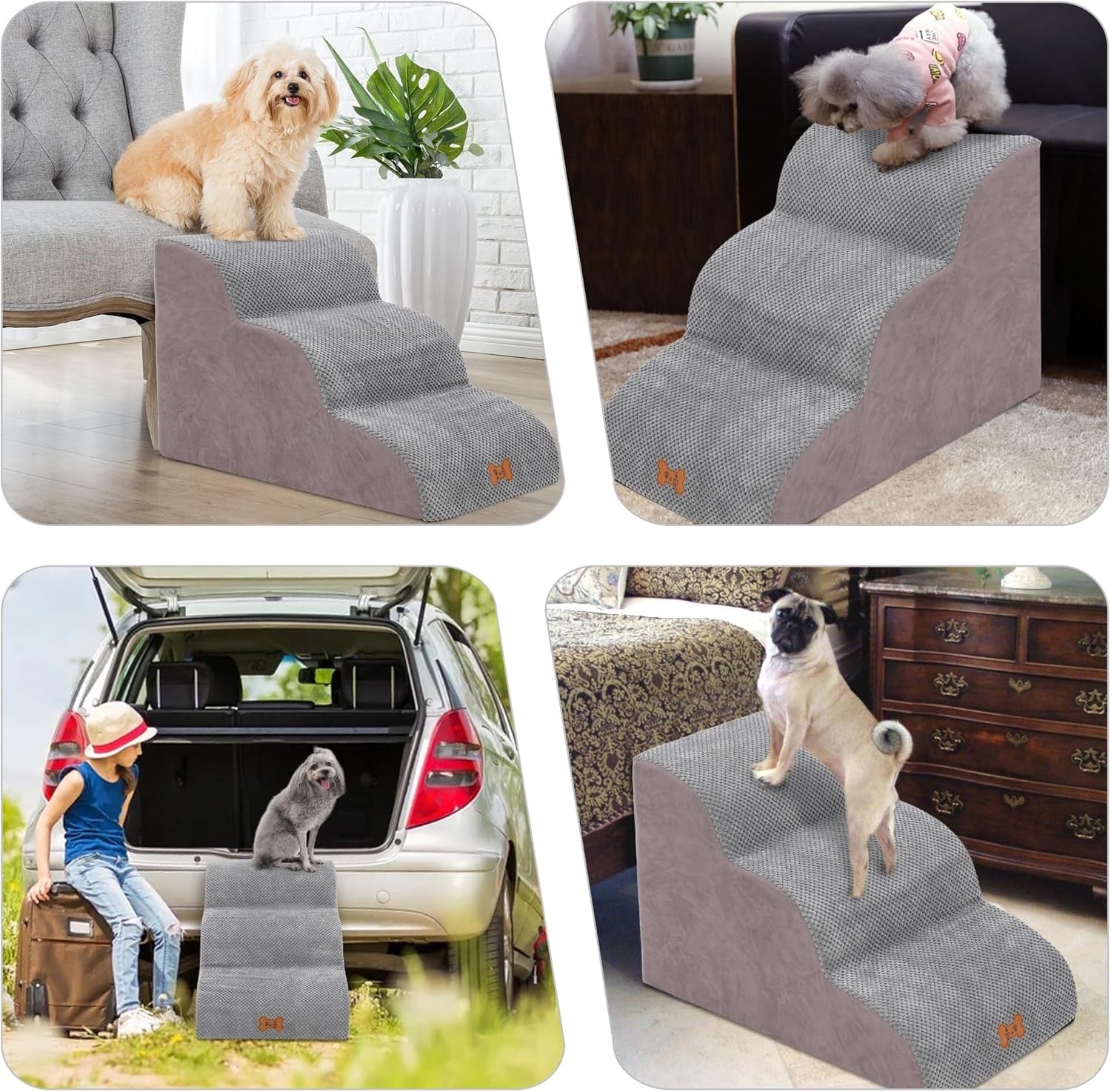 Grey 3 Step Dog Stairs Foam Pet Ramp Non Slip for Bed Sofa 57x40cm
