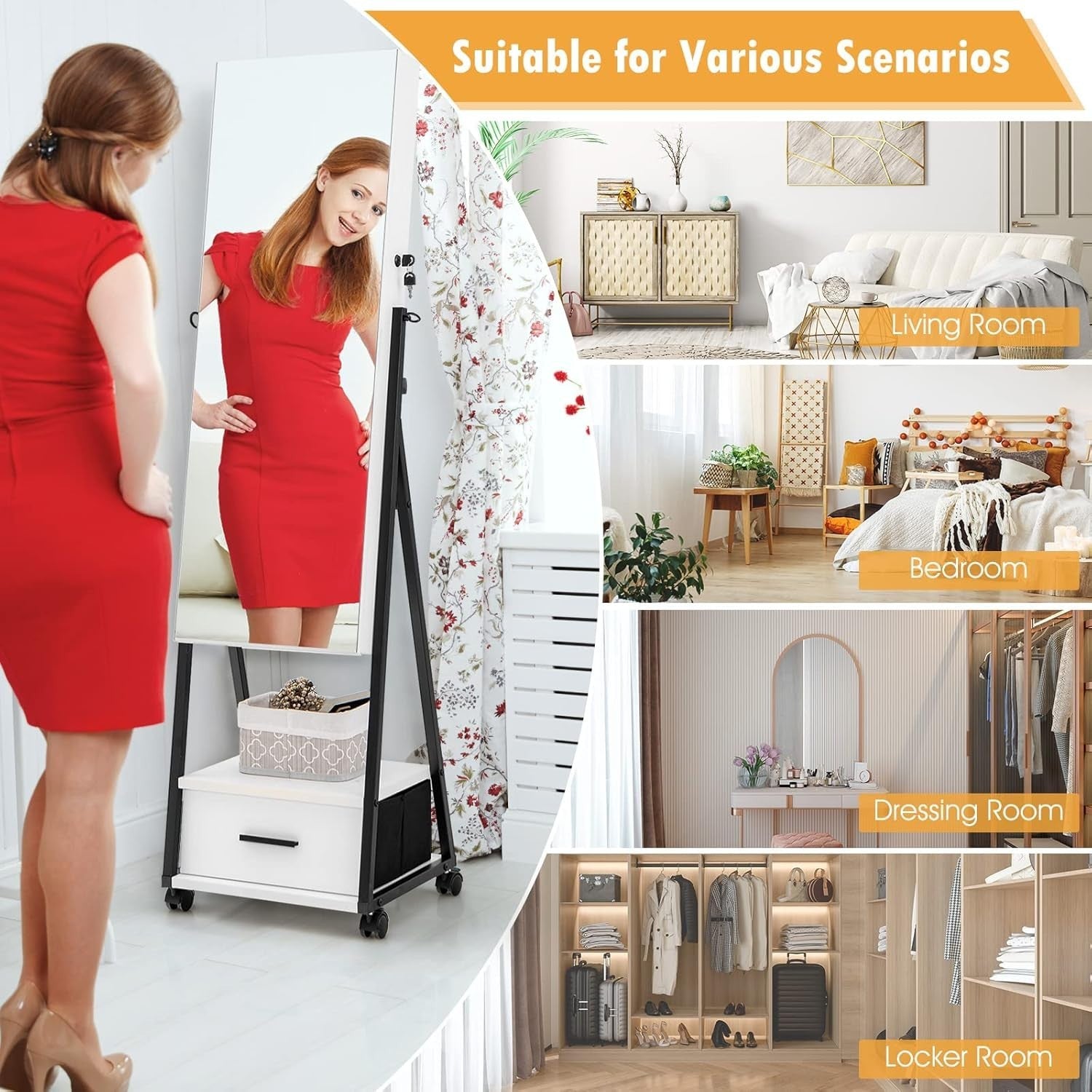 Rolling Jewelry Armoire with Full Length Mirror Lockable Cabinet White