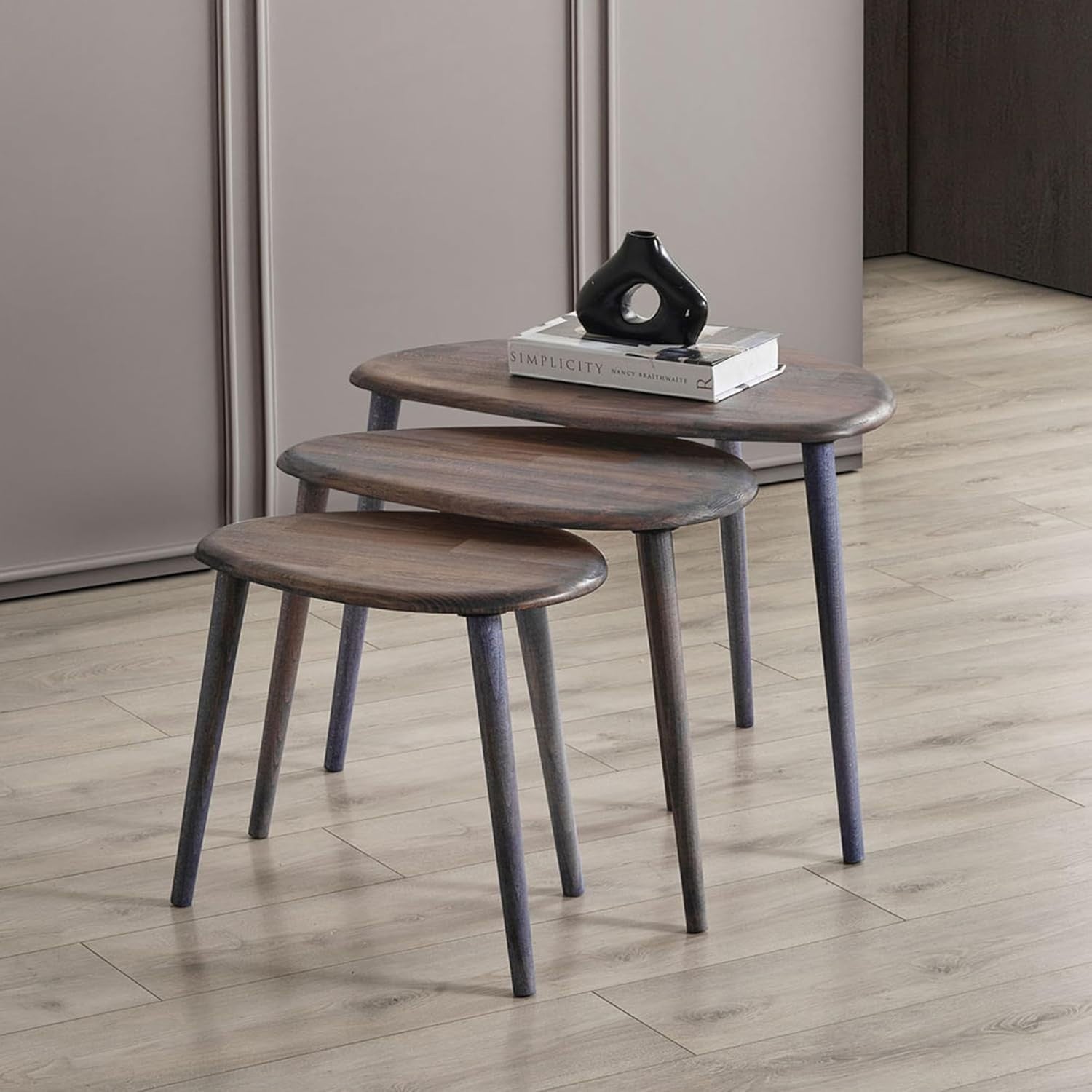 Mid-Century Modern Wood Nesting Coffee Table Set 3 Anthracite Oval Side End
